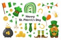 Big set of St. Patrick\'s Day elements with coins, elves, Irish flag, shamrock, horseshoes and more on white background. Royalty Free Stock Photo