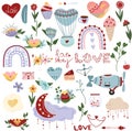 Big set for St. Valentine's day, flowers, cupcake, hearts, leaves, rainbows, hot air balloon, Love, moon. Colorful Royalty Free Stock Photo