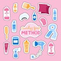 Big set of stickers about Curly Girl Method for planners, notebooks. Ready for print list of cute stickers. Cosmetic products,