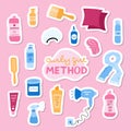 Big set of stickers about Curly Girl Method for planners, notebooks. Ready for print list of cute stickers. Cosmetic products, Royalty Free Stock Photo