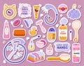 Big set of stickers with cute hygiene items, bathroom and shower accessories. Collection of hand drawn clipart with Royalty Free Stock Photo