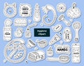 Big set of stickers with cute hygiene items, bathroom and shower accessories. Collection of hand drawn clipart with Royalty Free Stock Photo