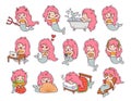 Big set of stickers and emoji with funny little mermaids.