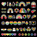 Big set stickers symbols of LGBT community. LGBTQ pride month vector icons, lesbian, pride flags, retro rainbow, love