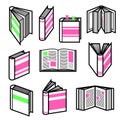Big set of stylish black outline books in different postures with colorful pink and green elements.