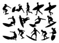 Big set of surfers silhouettes Royalty Free Stock Photo