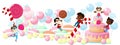 Big set of sweets and children on a white background. Huge cake, lollipop, macaron, candy pop. Royalty Free Stock Photo