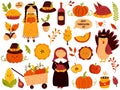 Big set of Thanksgiving symbols turkey, pie, pumpkin, corn, sweets