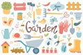 A big set on the theme of gardening, tools, garden items, hand lettering. Spring, growing vegetables. Vector illustration in a Royalty Free Stock Photo