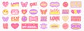 Big set of trendy stickers and badges in retro Y2K aesthetics, Valentine\'s Day cheering labels with short phrases