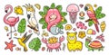 Big set of tropical summer stickers with gorgeous mermaid, cute jellyfish, pink flamingo, alpaca, colibri, cockatoo Royalty Free Stock Photo