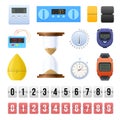 Big set of various digital, mechanical clocks, timer, countdown counters.