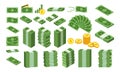 Big set various kinds of money clipart vector design illustration. Packing, piles, fan shape green money banknote dollar bill Royalty Free Stock Photo