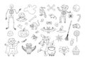 Big set of vector black and white Halloween elements. Traditional Samhain party clipart. Scary collection with jack-o-lantern, Royalty Free Stock Photo