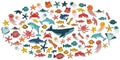 Big set of vector cartoon outline isolated sea ocean animals. Doodle hand drawn whale, dolphin, shark, stingray, jellyfish, fish, Royalty Free Stock Photo