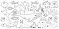 Big set vector cartoon outline isolated sea ocean north animals. Doodle whale, dolphin, shark, stingray, jellyfish, fish, crab,