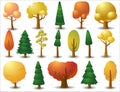 Big set of vector deciduous and coniferous trees in autumn season. Game UI flat. Isolated on a white