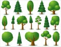 Big set of vector deciduous and coniferous trees. Game UI flat. Stylized tree for logo, games or cards