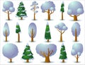 Big set of vector deciduous and coniferous trees in winter. Game UI flat. Isolated illustration on a white background