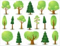 Big set of vector deciduous with pink flowers and coniferous trees. Game UI flat. Stylized tree for logo, games or cards