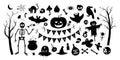 Big set of vector Halloween silhouette elements. Traditional Samhain party black and white clipart. Scary shadow collection with