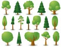 Big set of vector silhouettes of deciduous and coniferous trees. Game UI flat. Stylized spruce for logo, games or cards
