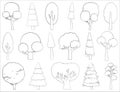 Big set of vector silhouettes of deciduous and coniferous trees. Stylized contour for logo clothing, tattoo or card