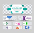 Big set of vector templates of white horizontal web banners with circular color design elements and a place for an image