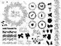 Big set with vintage Christmas decoration. Festive elements and symbols for new year season design. Monochrome,contour, black and