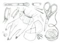 Big set of vintage graphite pencil sketches: elegant girl hand, scissors, thread, tape, lace, pins and needles on white. Royalty Free Stock Photo