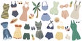 Big set vintage lingerie and swimsuits. Retro summer collection: swimsuit, bikini, hat, ball, sunglasses, pineapple