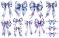 Big set of violet gift bows with ribbons. Watercolor illustrations set isolated on white background