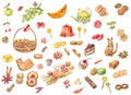 Big set of watercolor fruits, bakery products, sweets, candy, ca