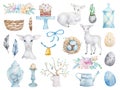 Big set of watercolor happy easter. Lamb, feathers, flowers Royalty Free Stock Photo