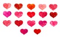 Big set of watercolor heart shapes. Water color splashes, brush strokes, blots, paint flows. Collection of artistic hand