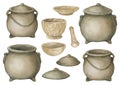 Big set of watercolor illustrations of vintage cast iron witch cauldrons, mortar and pestle. Isolated on white.