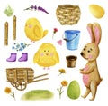 Big set watercolor spring easter and garden elements