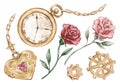 Big set of watercolor vintage illustrations: gold pocket watch and medallion, gears, red and pink roses. Isolated. Royalty Free Stock Photo