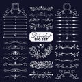 Big set of white decorative flourishes dividers on dark background. Collection ornate page decor elements banners