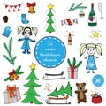 Big set winter elements with girl, Christmas tree, big gift Royalty Free Stock Photo