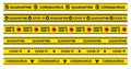 Big Set of yellow caution tape with Quarantine, Covid-19, Coronavirus written on it. Warning sign of outbreak. Vector illustration