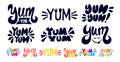 Big set of Yum Yum Black and white, colorful text. Only one single word. Printable graphic tee. Design doodle for print. Cartoon