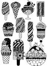 Big set of zendoodle design of ice cream for design element, adult or kids coloring book page. Vector illustration.