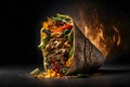 Big shawarma kebab fried on fire. Street food. Sandwich gyro fresh roll of lavash, pita bread chicken beef shawarma. 3d