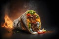 Big shawarma kebab fried on fire. Street food. Sandwich gyro fresh roll of lavash, pita bread chicken beef shawarma. 3d Royalty Free Stock Photo