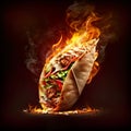 Big shawarma kebab fried on fire. Street food. Sandwich gyro fresh roll of lavash, pita bread chicken beef shawarma