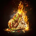 Big shawarma kebab fried on fire. Street food. Sandwich gyro fresh roll of lavash, pita bread chicken beef shawarma Royalty Free Stock Photo