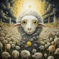 Big sheep head looking out of a heard of small lambs created with Generative AI