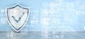 Shield icons in interior with web interface 3D rendering Royalty Free Stock Photo