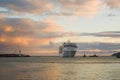 Big ship evening arrival in Yalta port, Ukraine Royalty Free Stock Photo